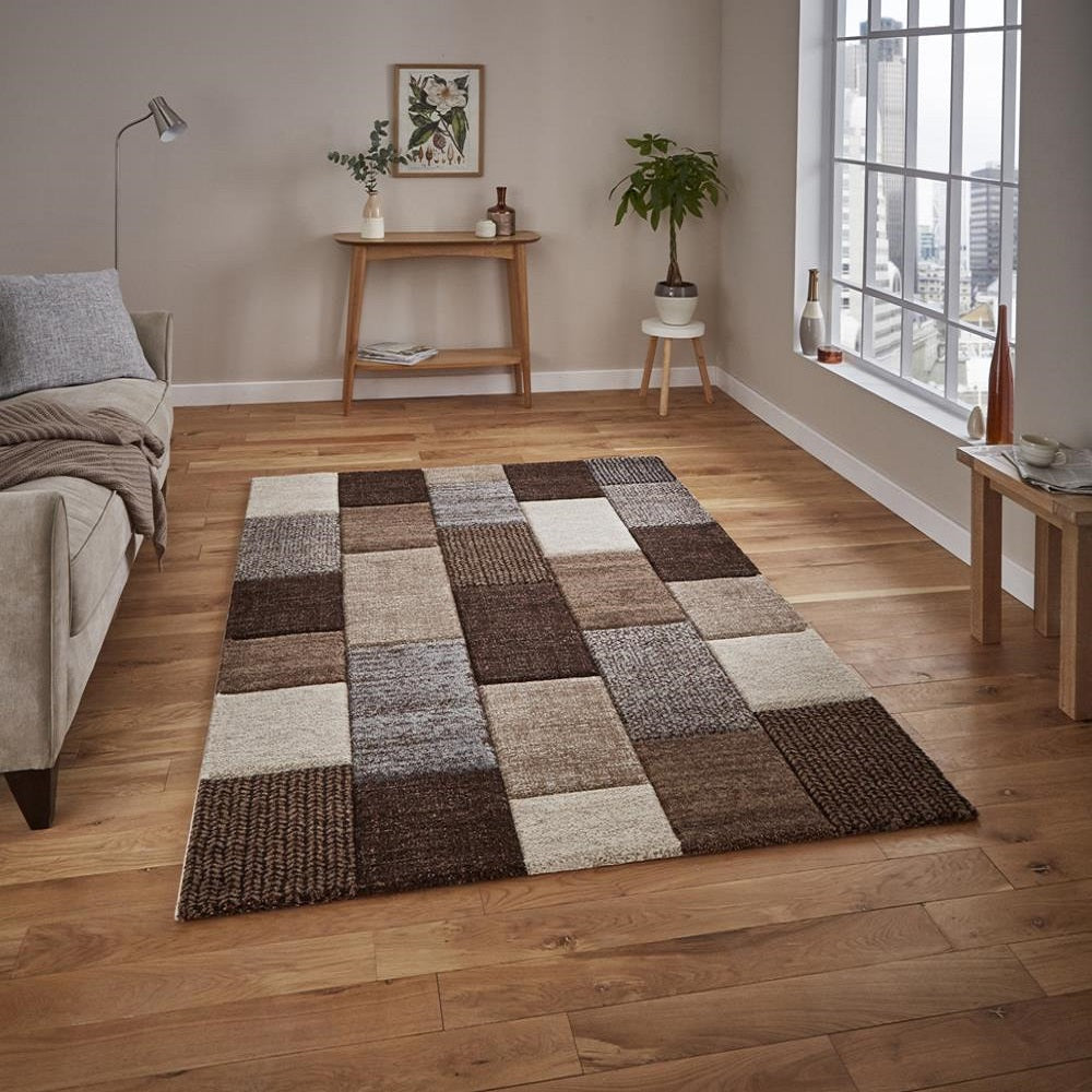 Beige & Grey Geometric Square Pattern Modern Floor Rug