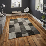 Grey & Black Geometric Square Pattern Modern Floor Rug