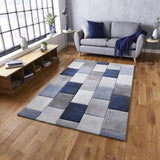 Grey & Blue Geometric Square Pattern Modern Floor Rug