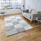 Grey & Green Geometric Trapezium Pattern Modern Floor Rug