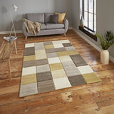 Beige & Yellow Geometric Rectangle & Square Pattern Modern Floor Rug