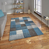 Blue & Grey Geometric Rectangle & Square Pattern Modern Floor Rug