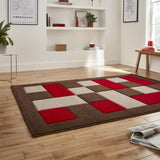 Brown & Red Geometric Rectangle & Square Modern Framed Floor Rug