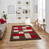 Brown & Red Geometric Rectangle & Square Modern Framed Floor Rug