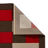 Brown & Red Geometric Rectangle & Square Modern Framed Floor Rug