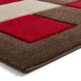 Brown & Red Geometric Rectangle & Square Modern Framed Floor Rug