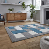 Grey & Blue Geometric Rectangle & Square Modern Framed Floor Rug