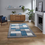 Grey & Blue Geometric Rectangle & Square Modern Framed Floor Rug