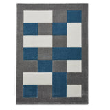 Grey & Blue Geometric Rectangle & Square Modern Framed Floor Rug