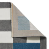 Grey & Blue Geometric Rectangle & Square Modern Framed Floor Rug