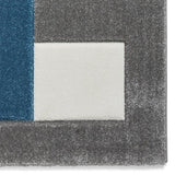 Grey & Blue Geometric Rectangle & Square Modern Framed Floor Rug