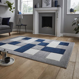 Grey & Navy Blue Geometric Rectangle & Square Modern Framed Floor Rug