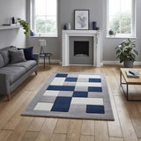 Grey & Navy Blue Geometric Rectangle & Square Modern Framed Floor Rug