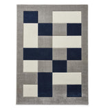 Grey & Navy Blue Geometric Rectangle & Square Modern Framed Floor Rug