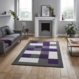 Grey & Purple Geometric Rectangle & Square Modern Framed Floor Rug