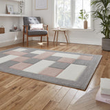 Grey & Rose Pink Geometric Rectangle & Square Modern Framed Floor Rug