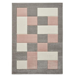 Grey & Rose Pink Geometric Rectangle & Square Modern Framed Floor Rug