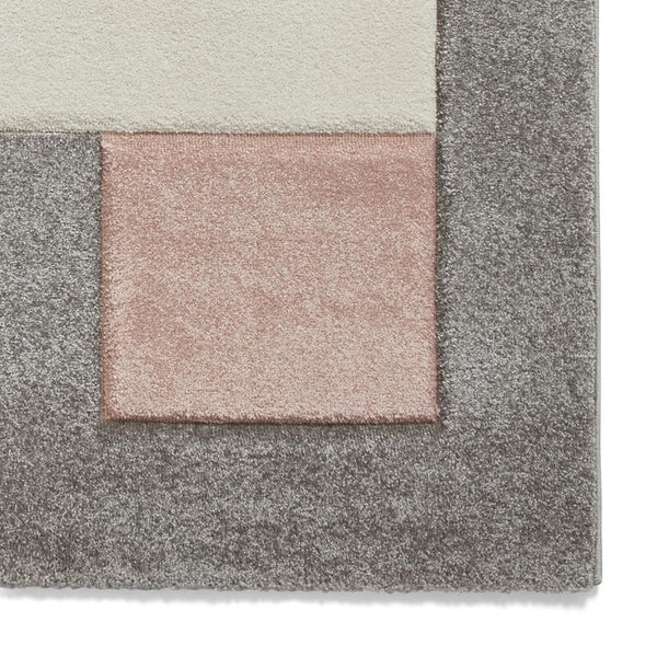 Grey & Rose Pink Geometric Rectangle & Square Modern Framed Floor Rug ...