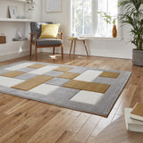 Grey & Yellow Geometric Rectangle & Square Modern Framed Floor Rug