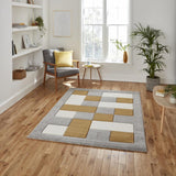 Grey & Yellow Geometric Rectangle & Square Modern Framed Floor Rug