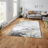 Ivory & Gold Marble Effect Textured Modern Abstract Floor Rug